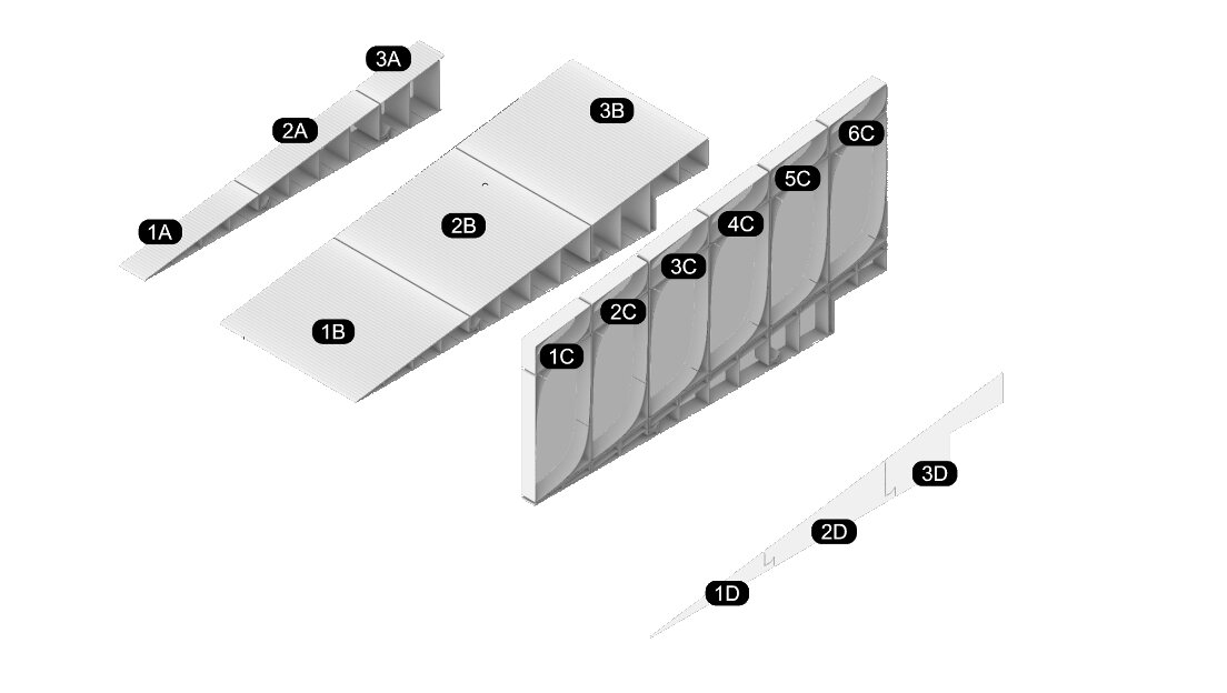 Discrete printed components, numbered for assembly.