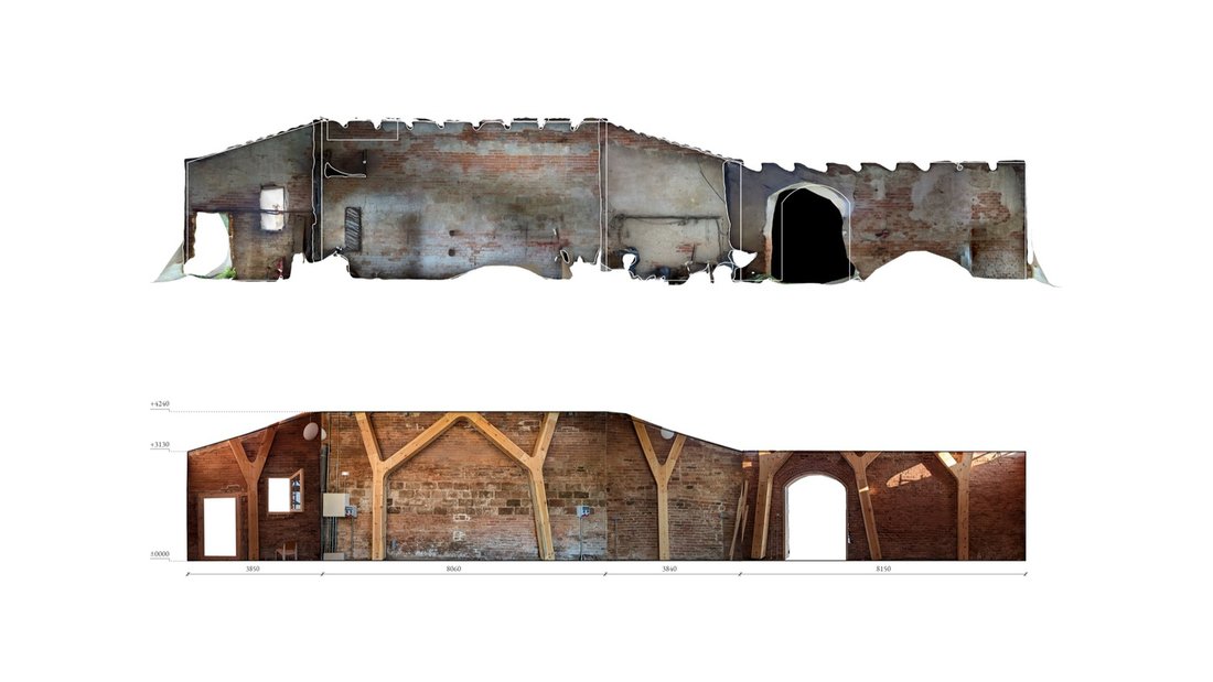 Scan-derived interior elevations of the stable before and after intervention.