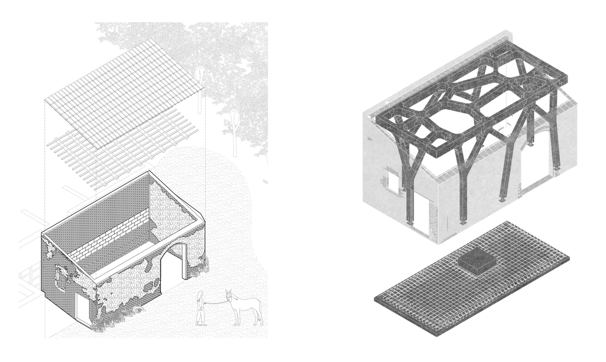 Exploded axonometrics - existing shell, new floor, new frame, new roof.