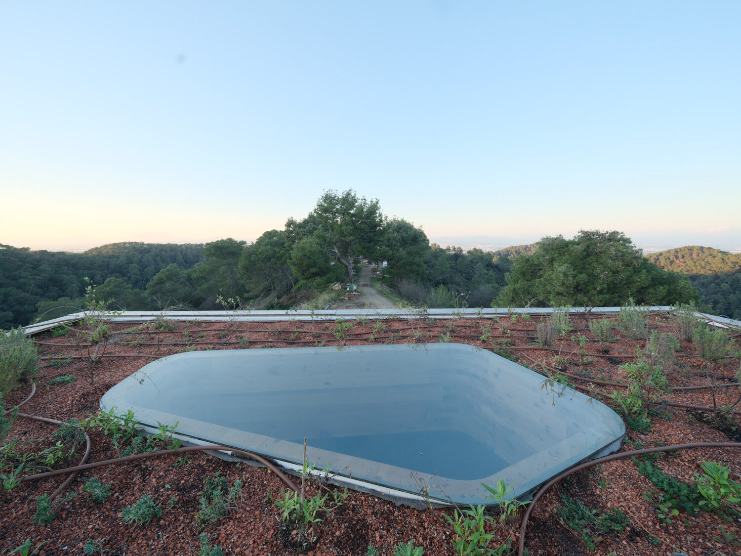 Planted roof with a skylight over the reused shell.