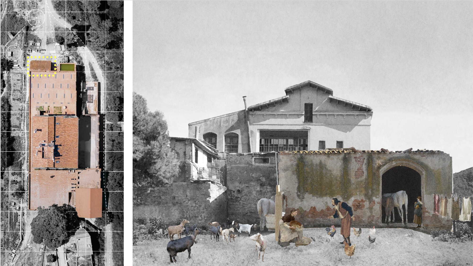 Site plan and the stable in its imagined original working life.