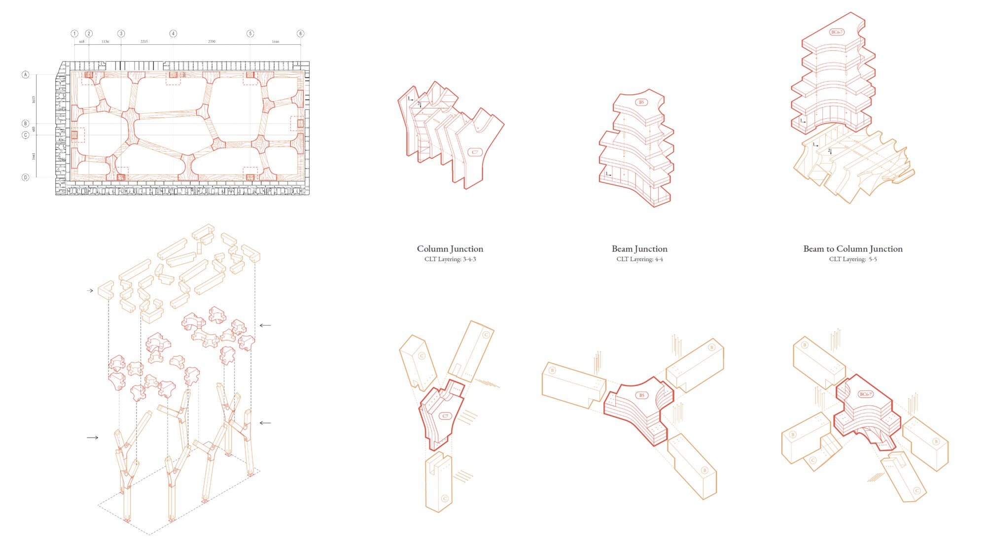Structural plan with column, beam and beam-to-column junctions.