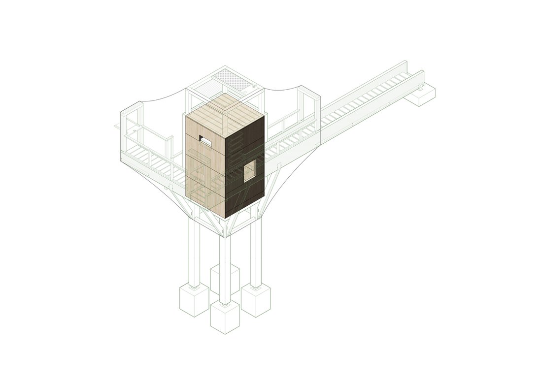 Axonometric with cork-clad observation core.