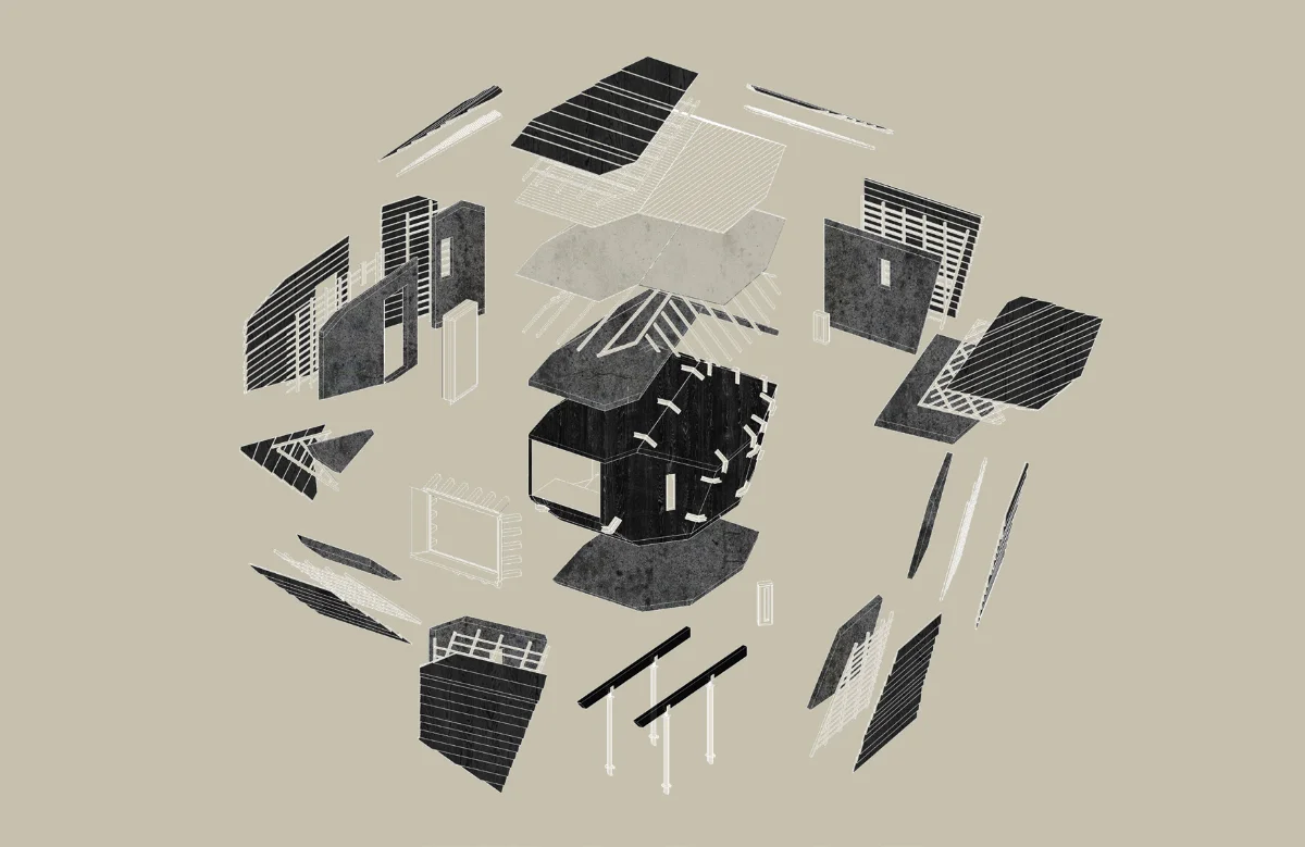 Exploded axonometric — layered prefabricated systems.