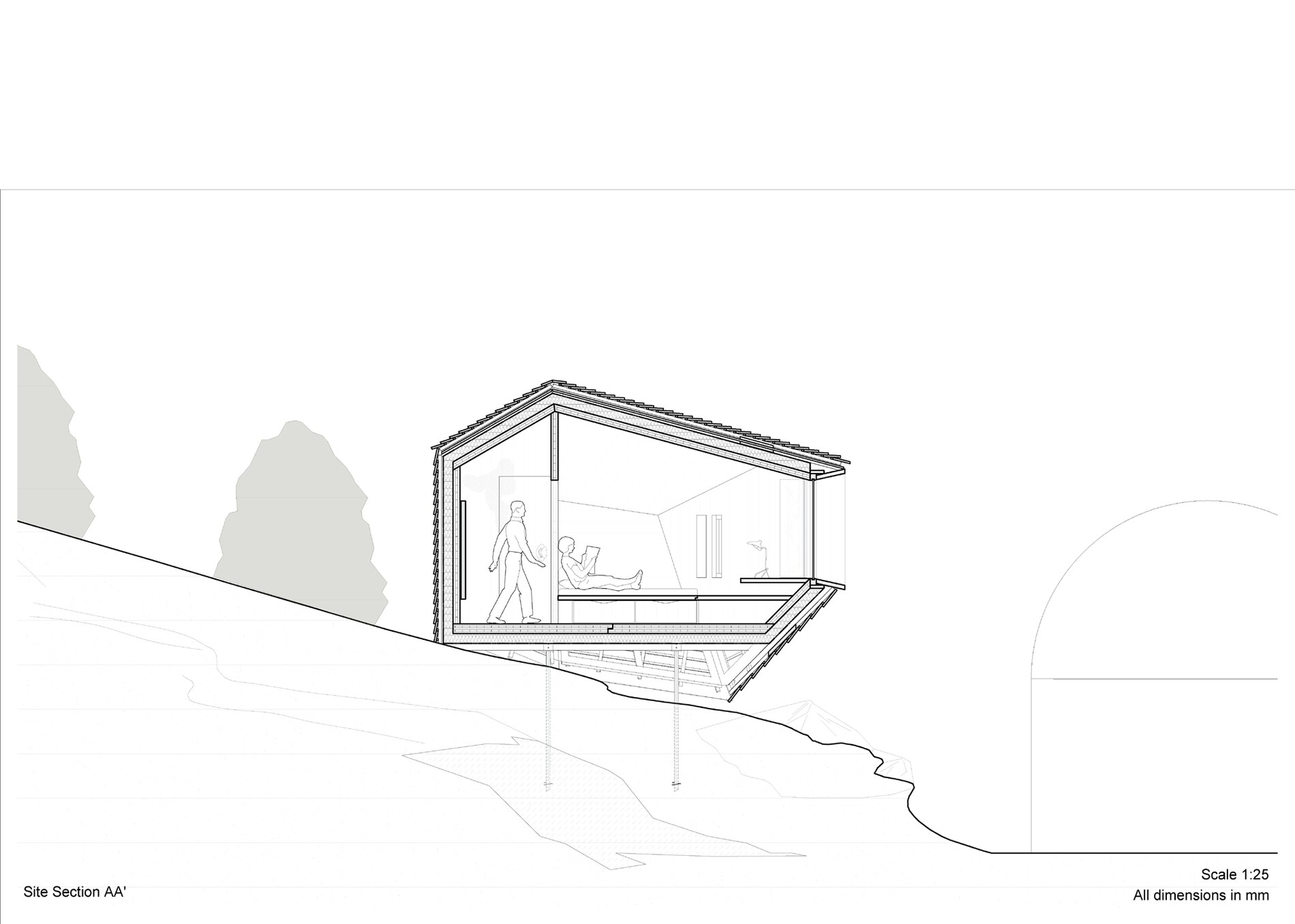Site section AA' — cantilevered over the slope.