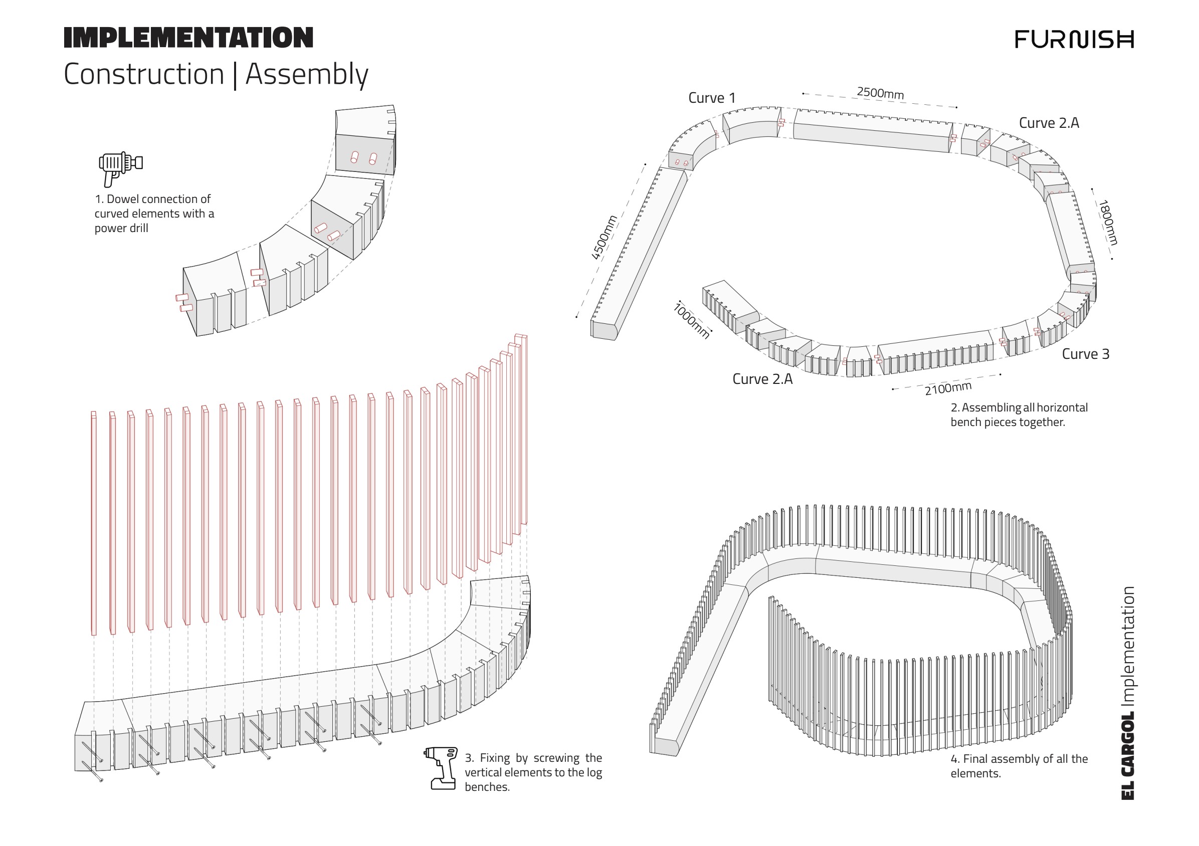 El Cargol — assembly diagram, curve details and connections.
