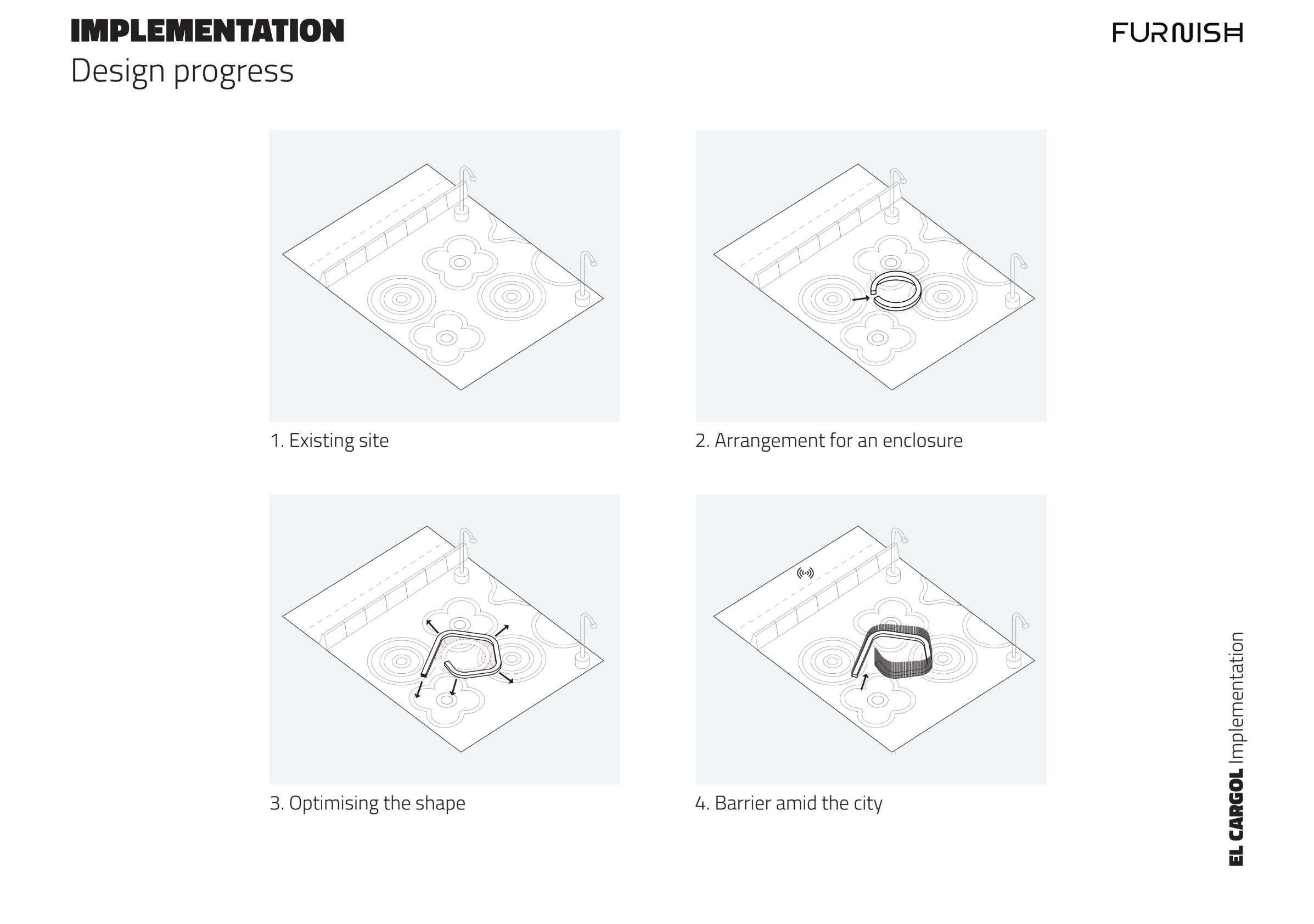 El Cargol — design progress, from existing site to final barrier form.