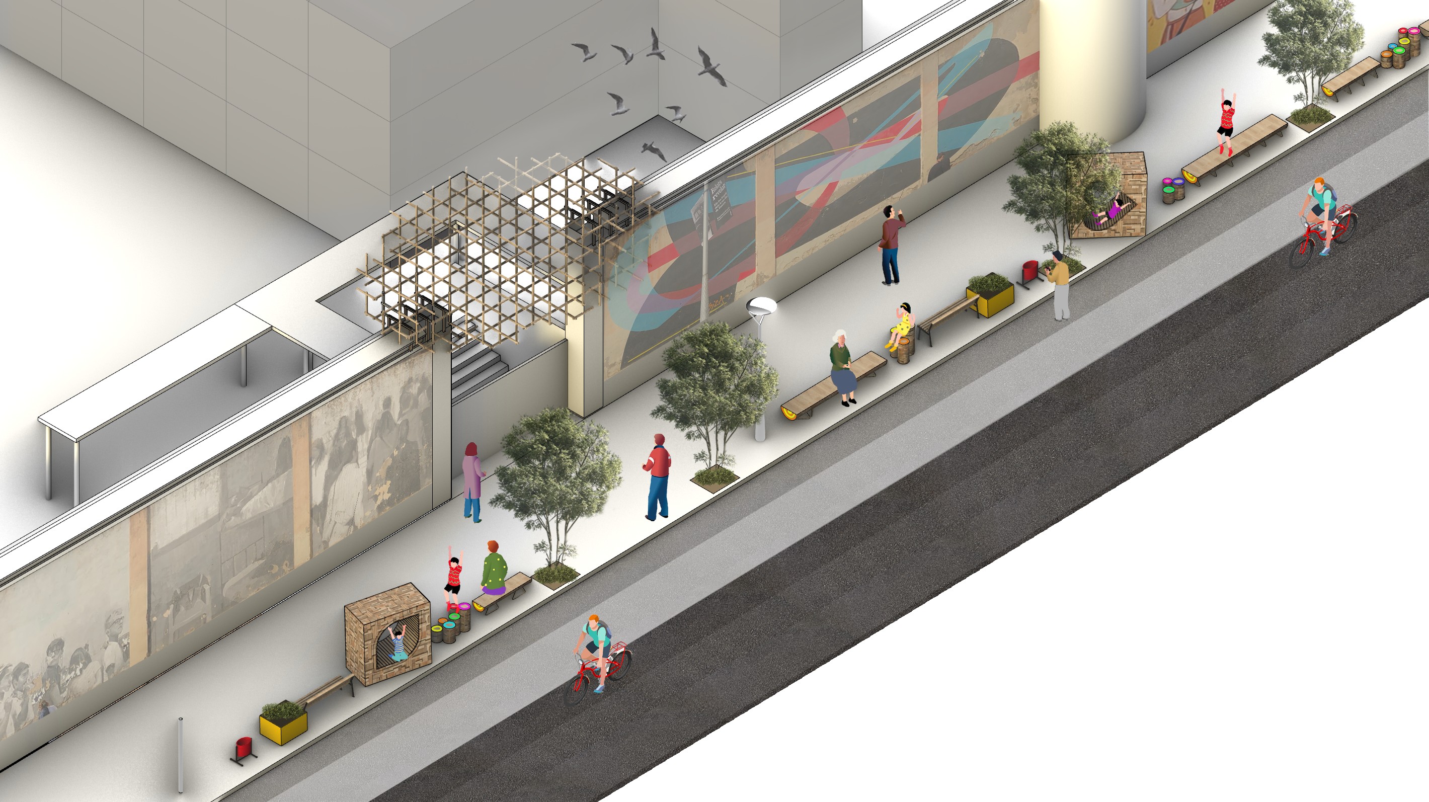 New Niu — axonometric of the canopy, boxes and street furniture.