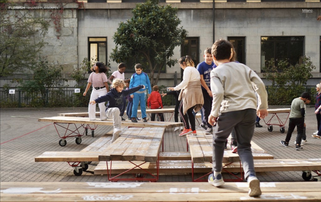 Shared Playscapes in use in Milan, Italy.