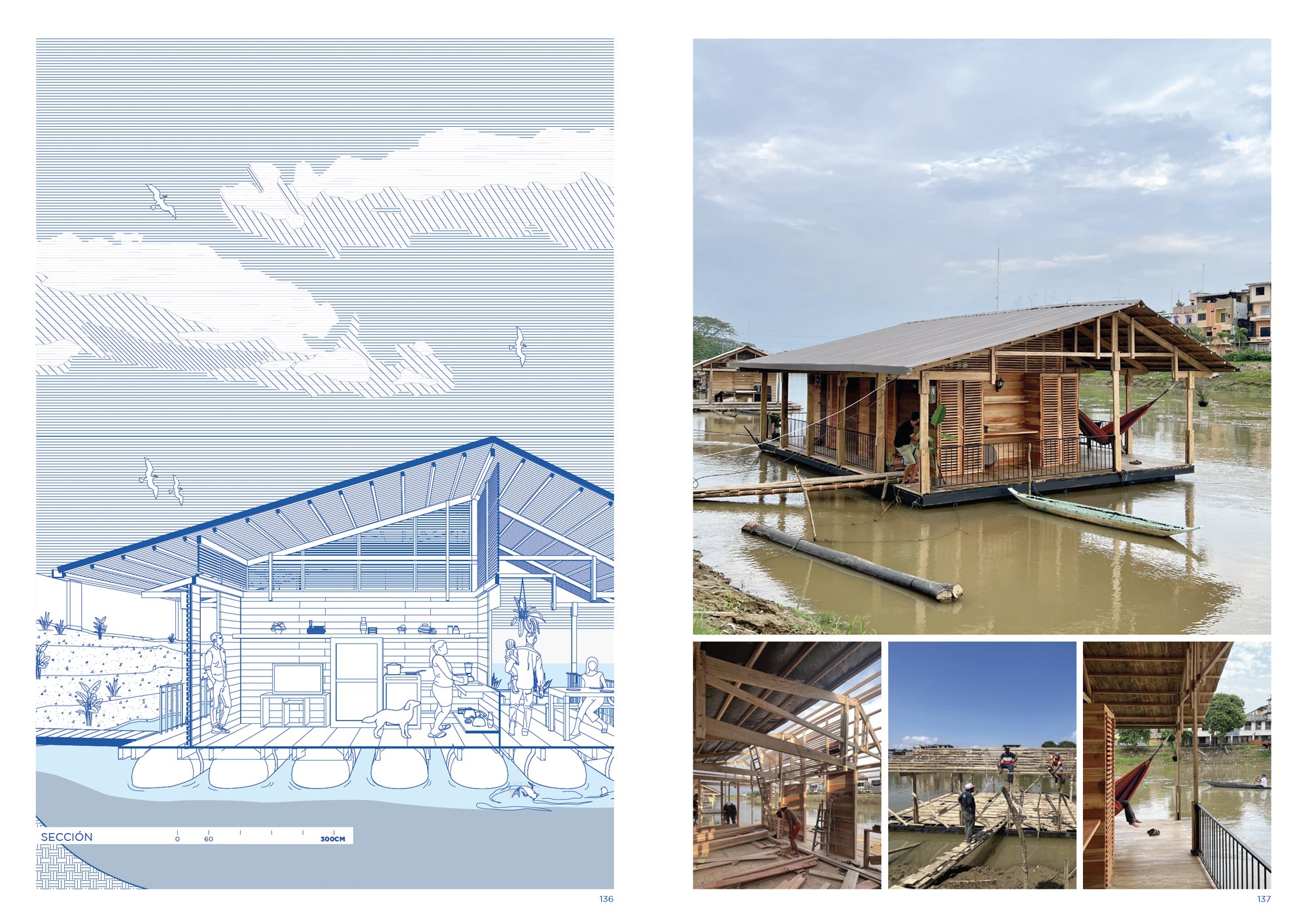 Perspectival section drawings and photographs illustrate the spatiality of best practice case studies.