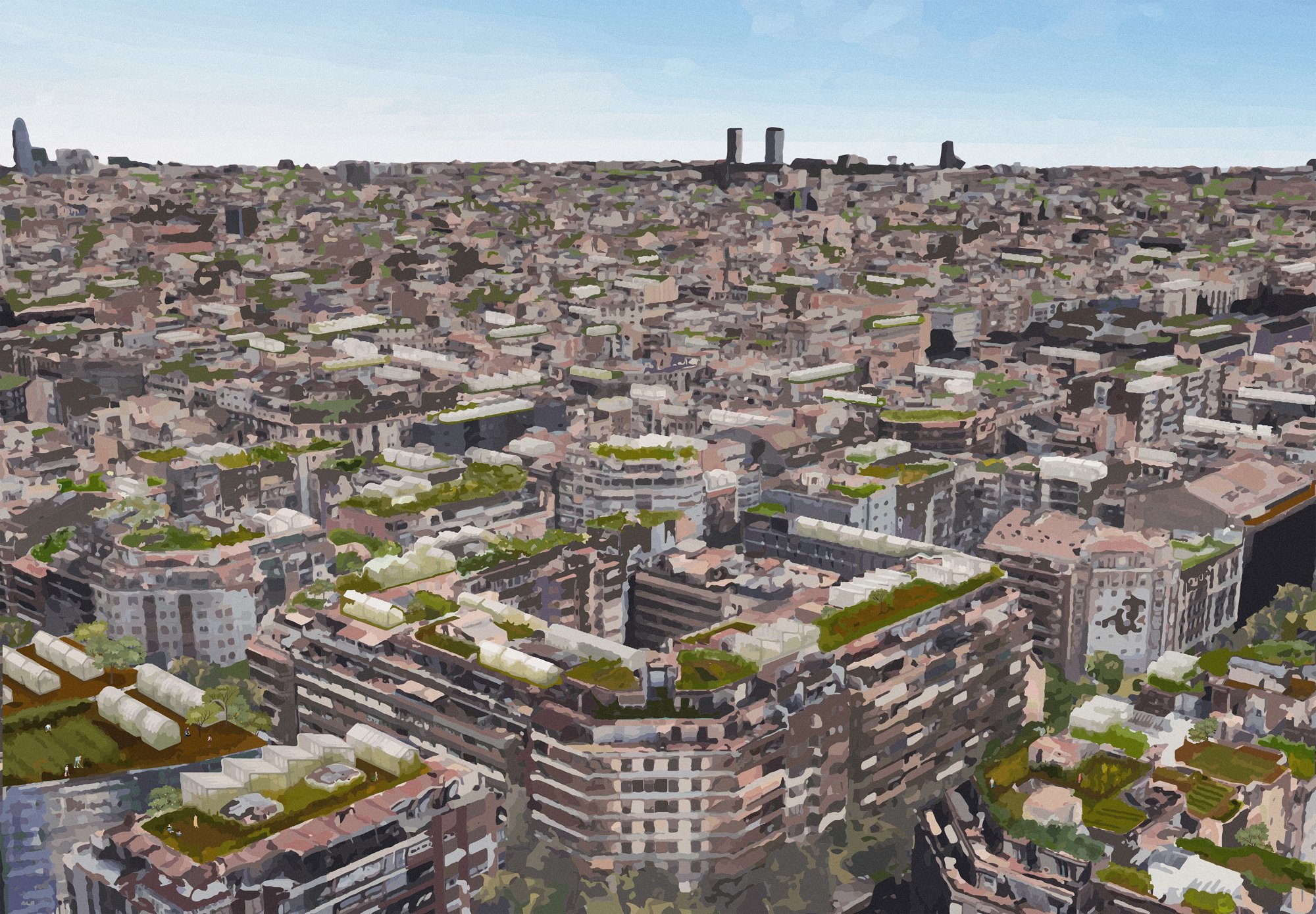 Visualization of rooftop greenhouse potential across Barcelona's Eixample district.