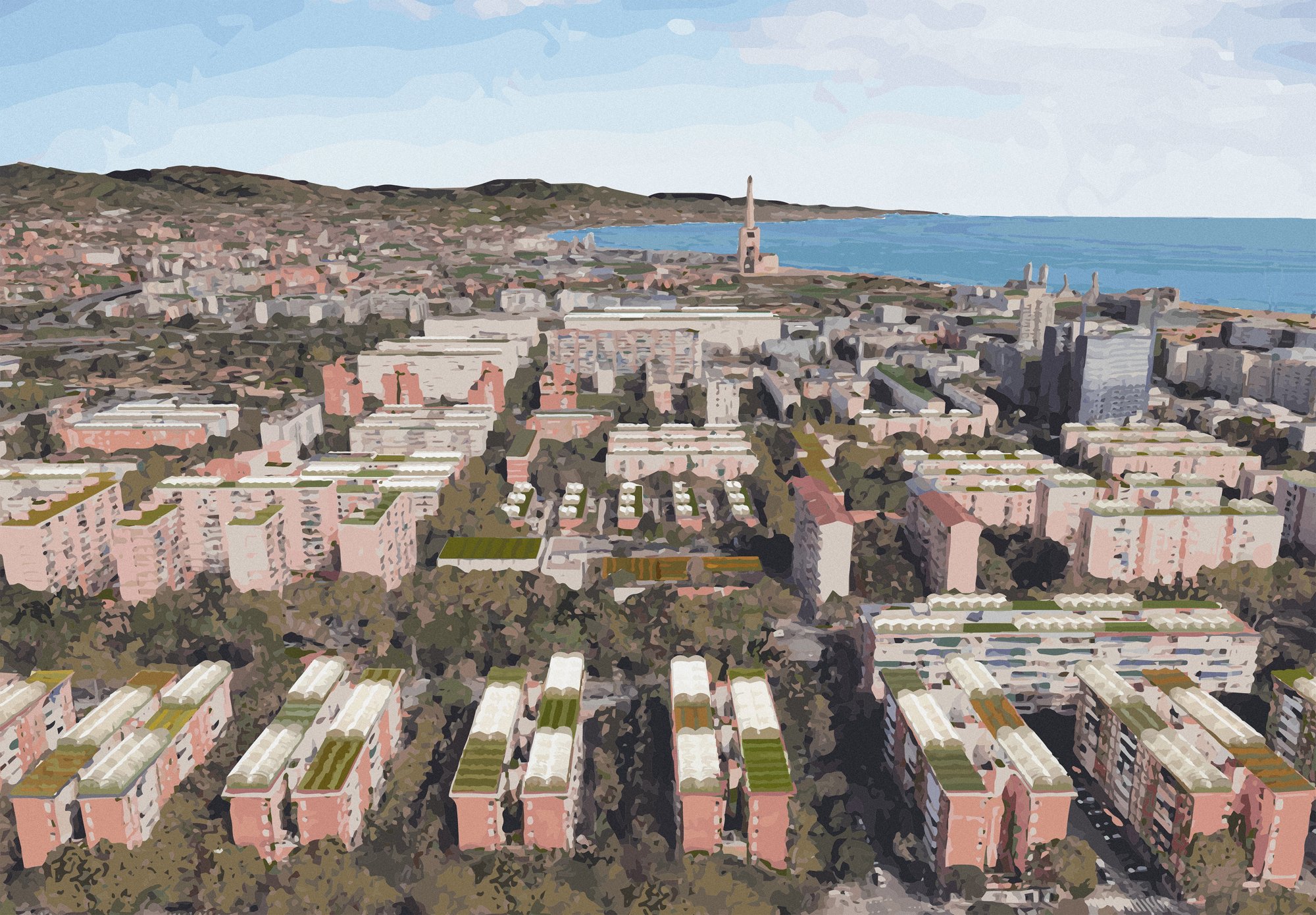 Visualization of rooftop greenhouse potential across Barcelona's Poblenou district.