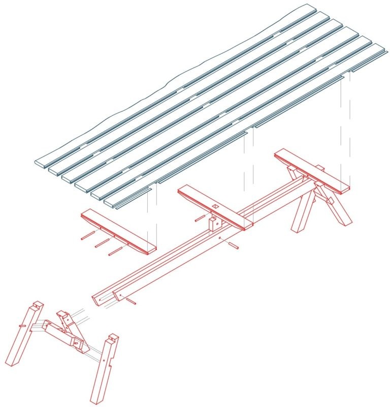 Exploded axonometric of the table produced for the exhibition from 0km timber.