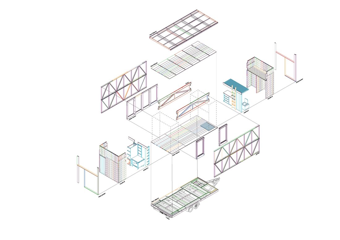 Exploded axonometric — chassis, frame and skin.