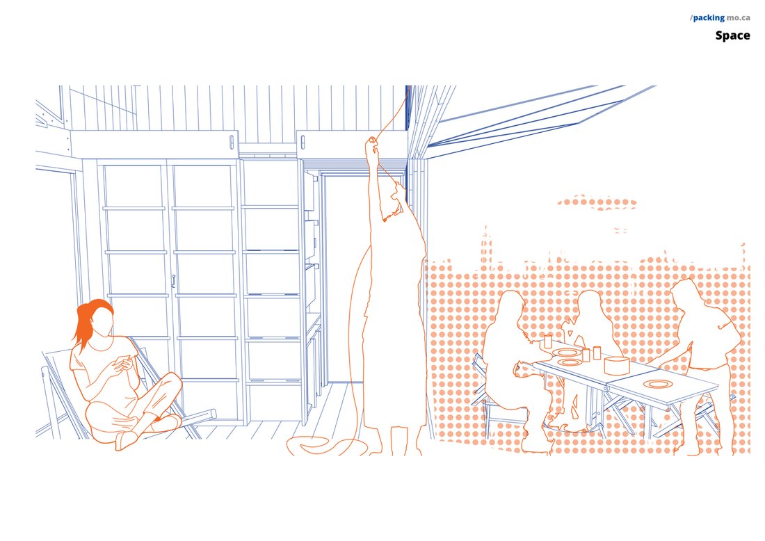 The interior in use — reading, reaching for the loft, gathered at the table.