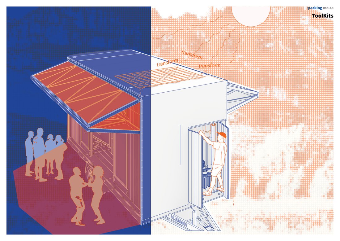 Roof folds back to reveal the solar array; the interior opens to the crowd.
