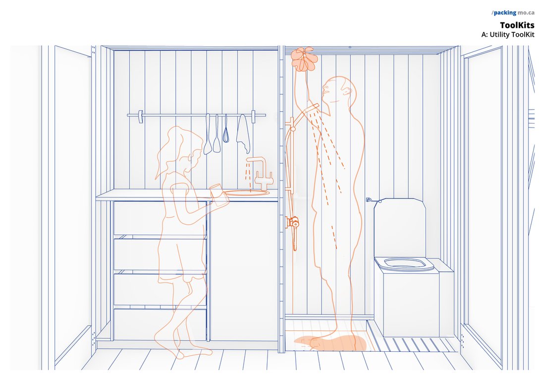 Washing, showering and composting — the utility core in use.