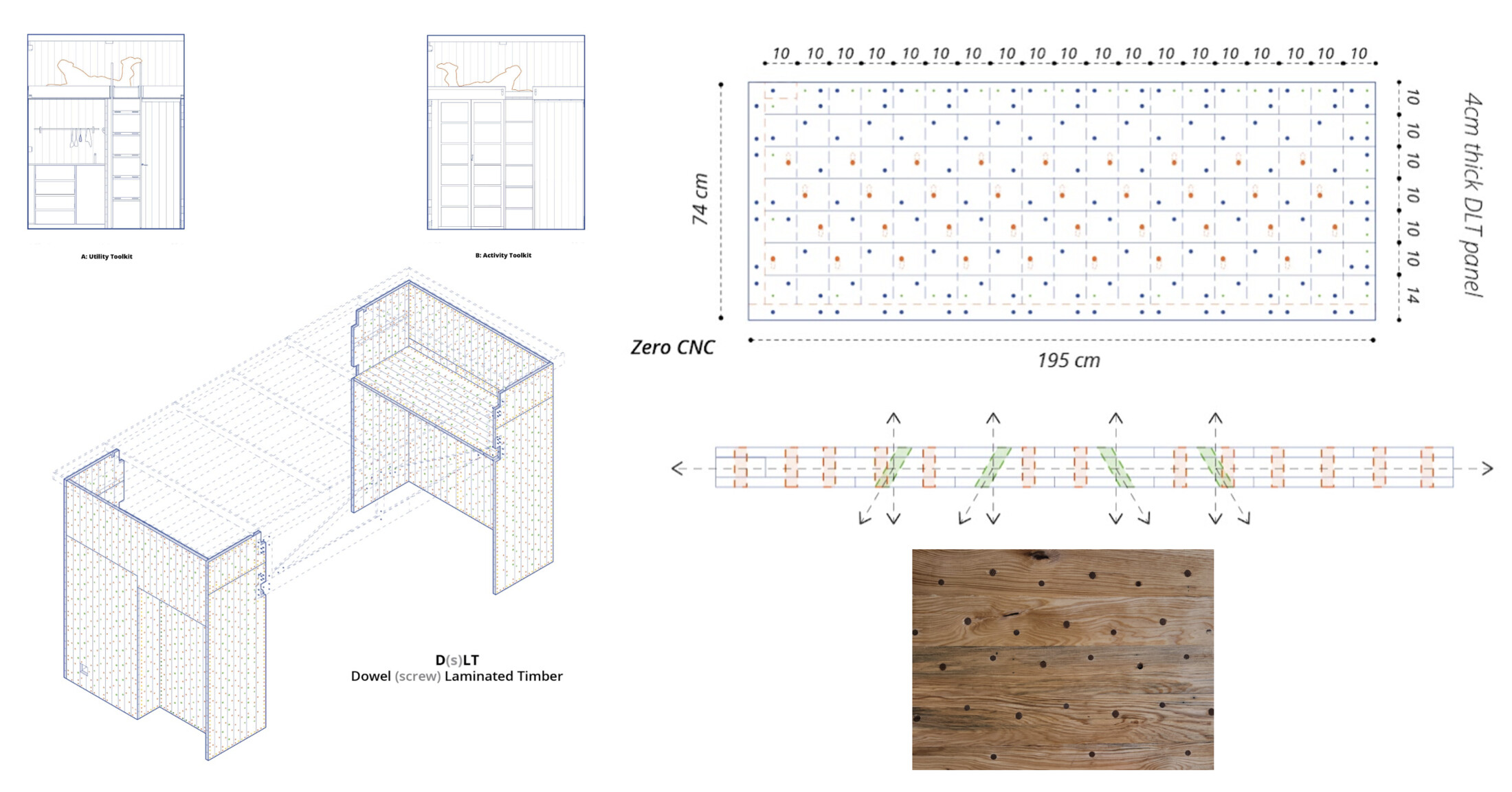 Dowel-laminated cross-laminated timber panels enabled by CNC production constitute the two structural cores.