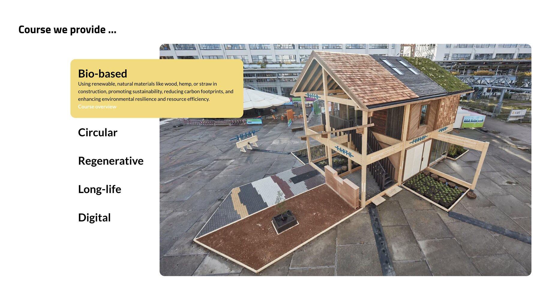 Course strands: bio-based, circular, regenerative, long-life, digital.