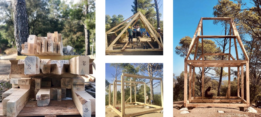 Installing the precut structural frame.