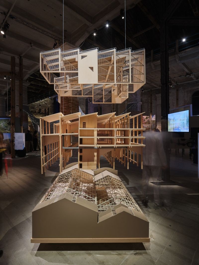 The exploded Barcelona Urban Tech Hub model, displayed by IAAC at the 2025 Venice Biennale.