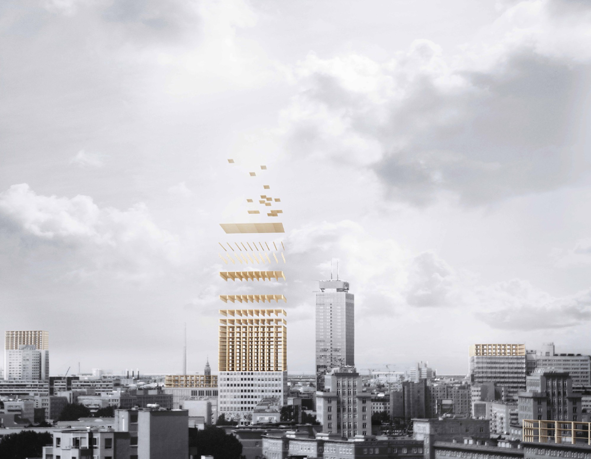 Optoppen accretes a bio-based carbon sink on the rooftops of the existing mineral city.