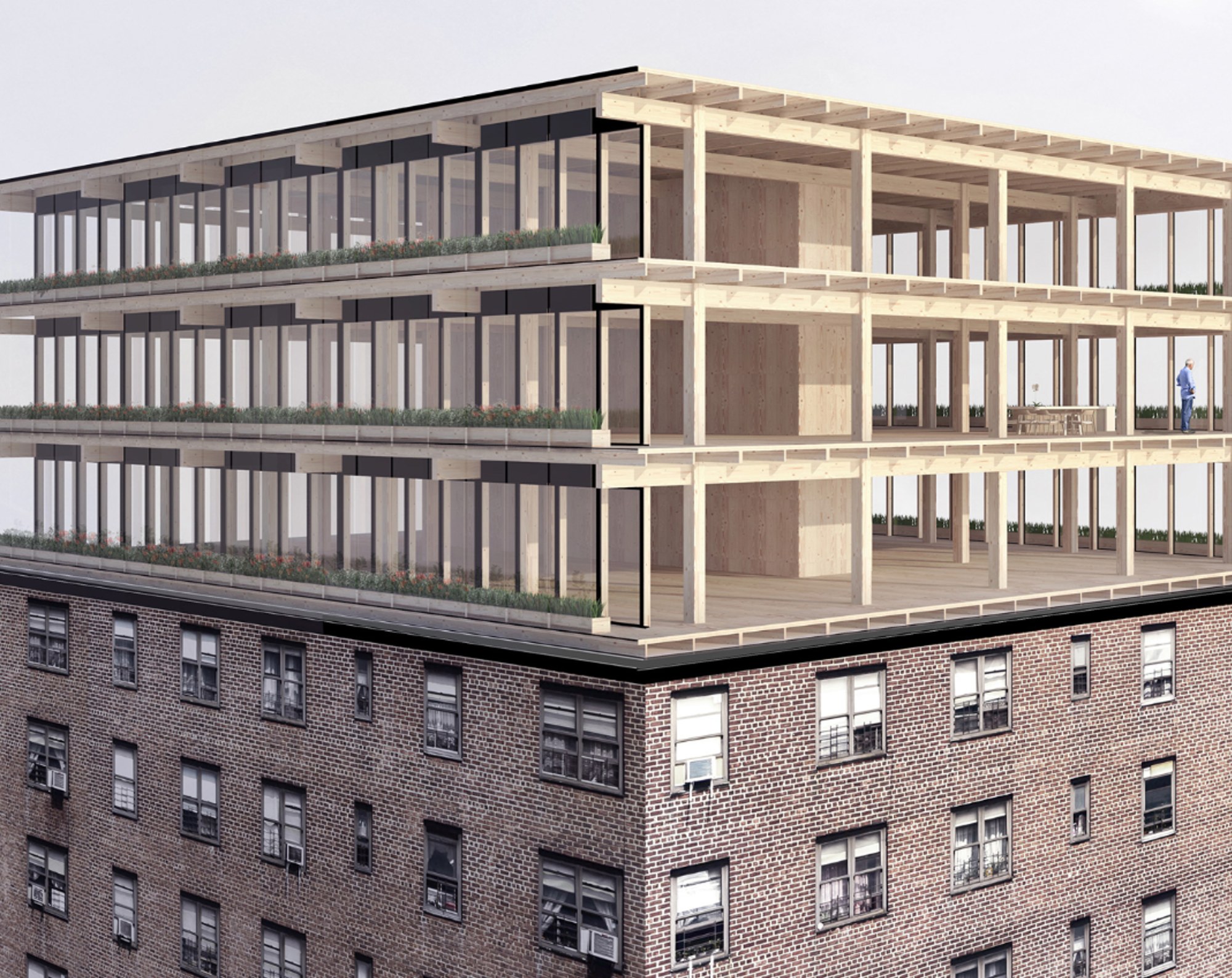 Lightweight engineered timber assemblies can easily add new vertical stories to many over-dimensioned masonry, concrete and steel structures.