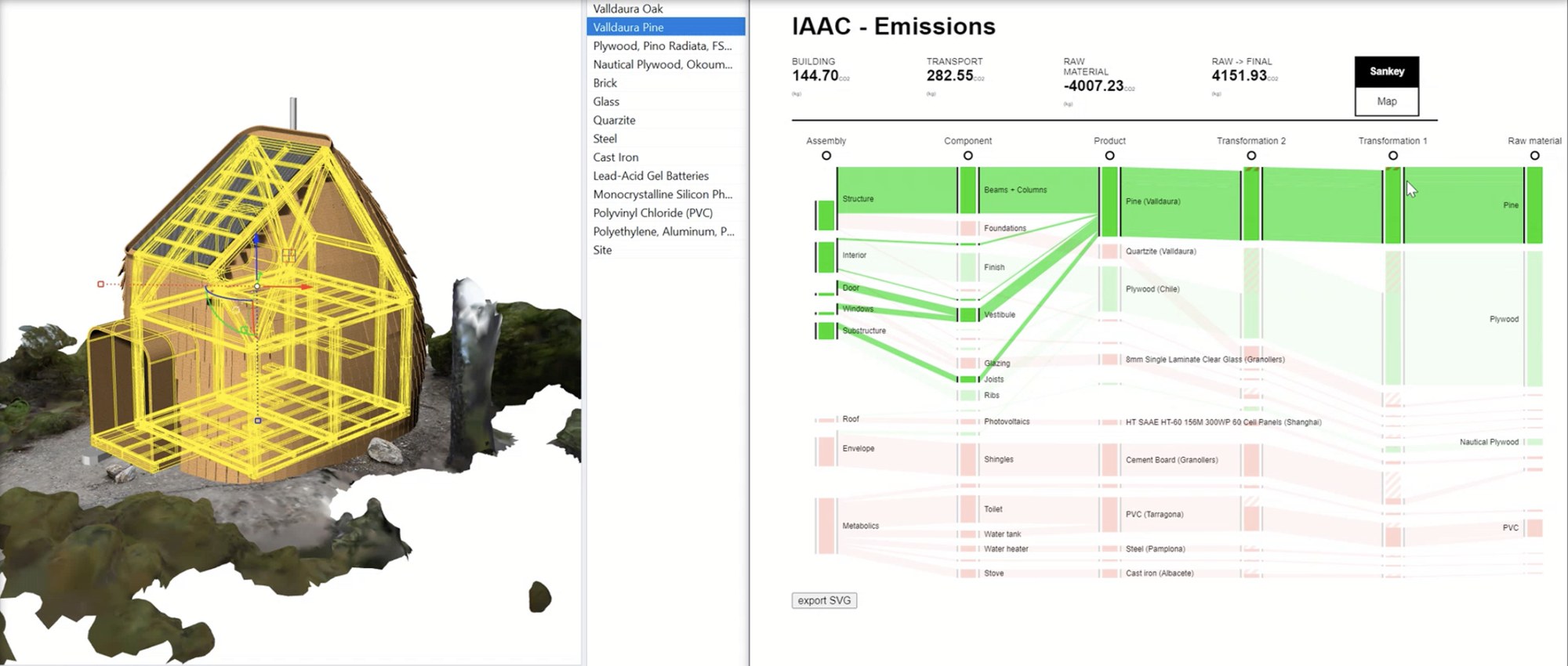 Traceability data linked with the 3D model enables carbon assessment as a design tool.