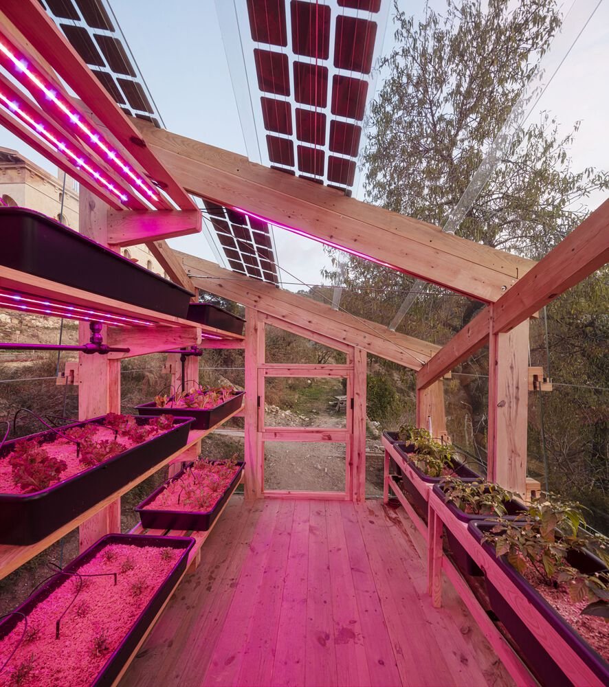 Grow-lights powered by the photovoltaics after dark.