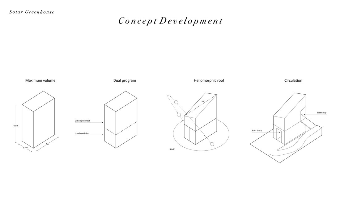 Concept development — maximum volume, dual program, heliomorphic roof, circulation.