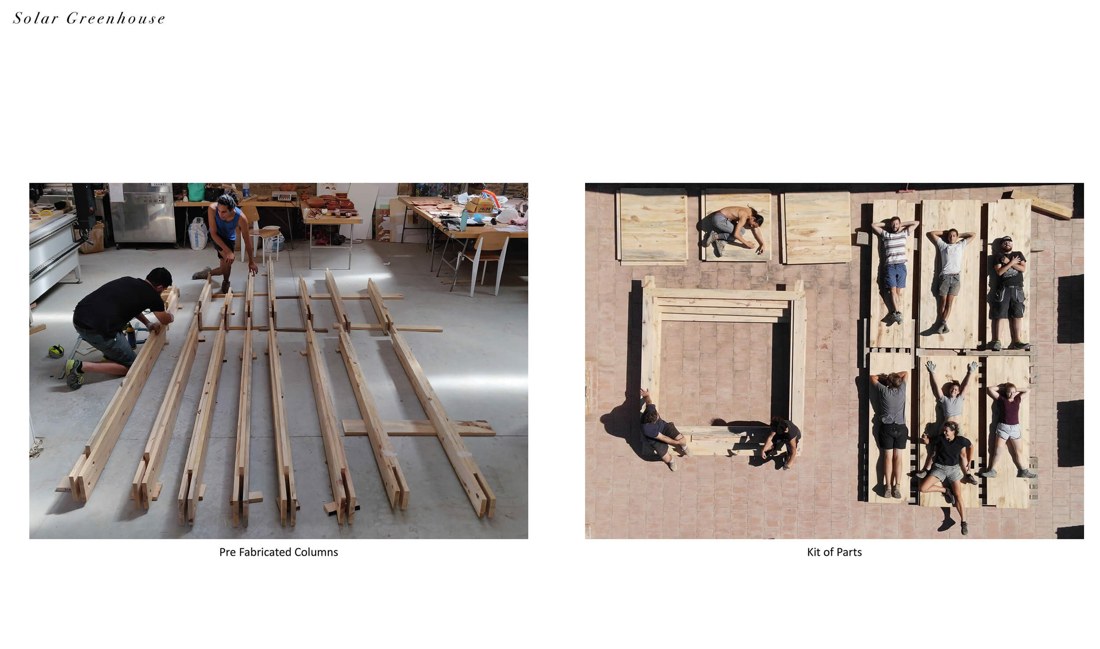 Prefabricated columns and the kit of parts, ready for assembly.
