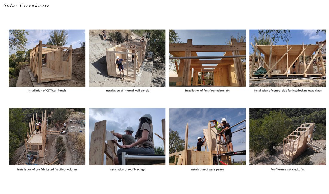 Installing wall panels, floor slabs and roof bracing on site.