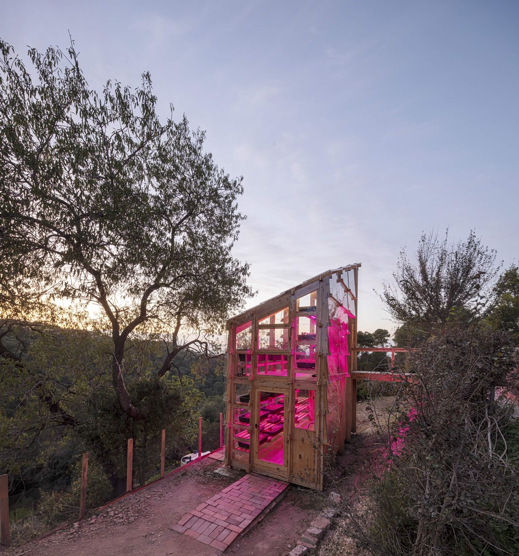 The tower glowing with pink grow-lights at dusk.