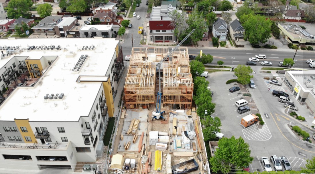 Wood framing structure under construction.