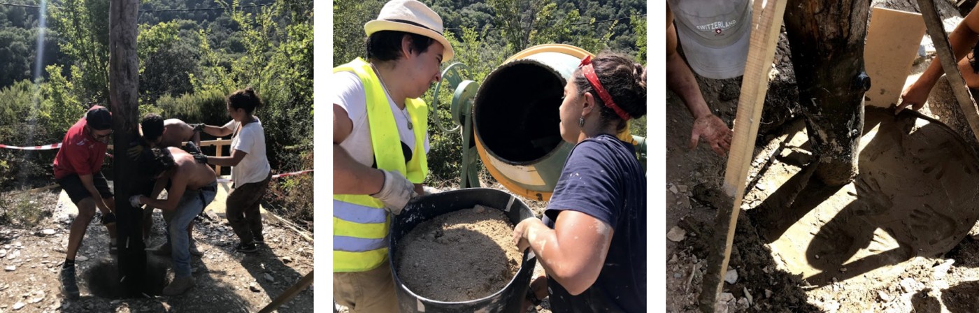Preparing poured-earth foundations and setting posts.