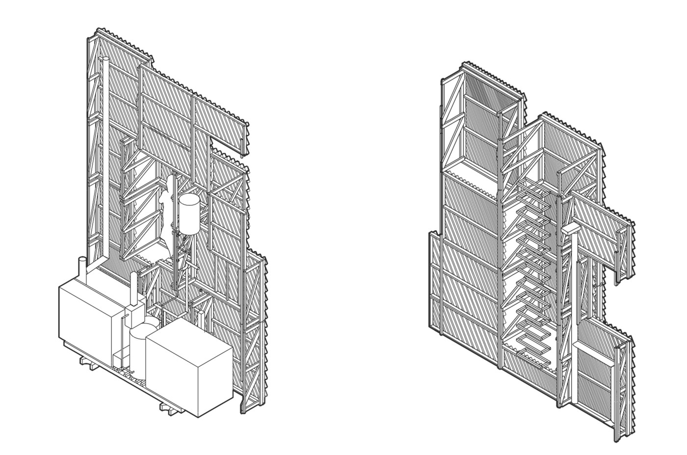 The volumetric rain-screen façade conceals installations and services, with slats parametrically spaced for differing degrees of transparency.